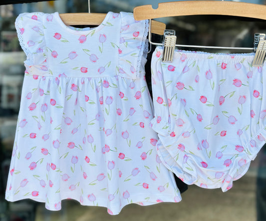 Baby Tulips pink Printed Dress with Ruffles + Bloomers