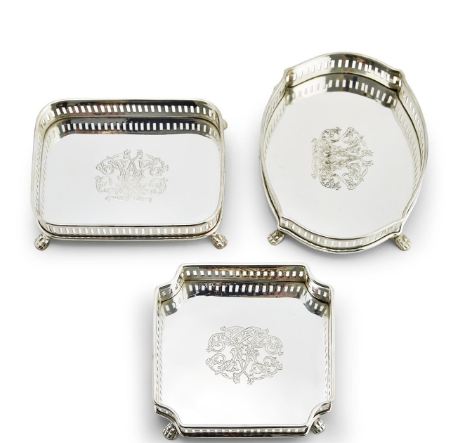 Galway Engraved Gallery Tray Assorted 3 Styles: Oval, Rectangle, Square - Lacquered Silver-Plated Brass