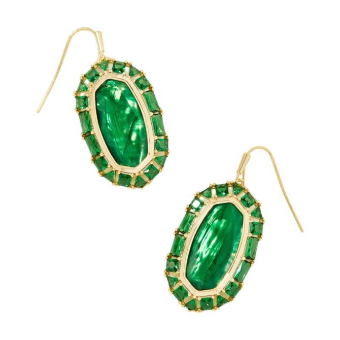 Elle Gold Crystal Frame Drop Earrings in Kelly Green Illusion