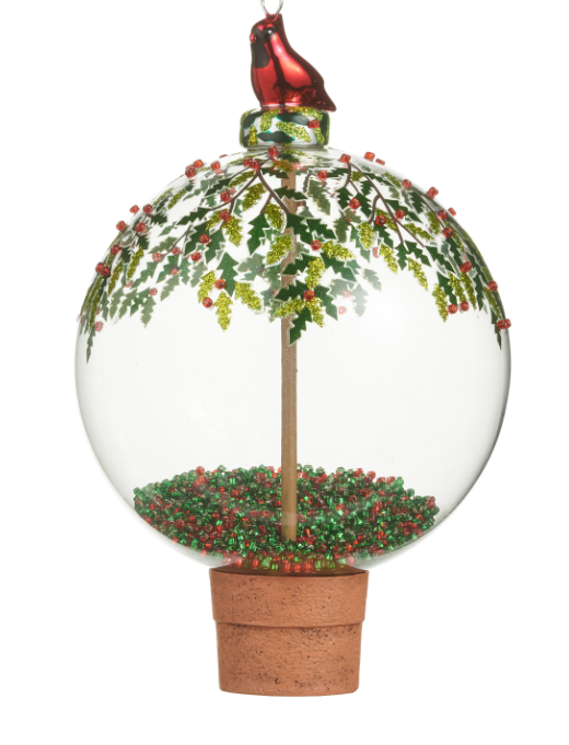 4" Cardinal and Holly Ball Ornament