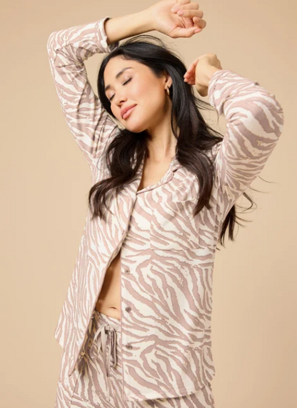 Zebra Almond - Slim Notch Collar Long Sleeve Short PJ Set