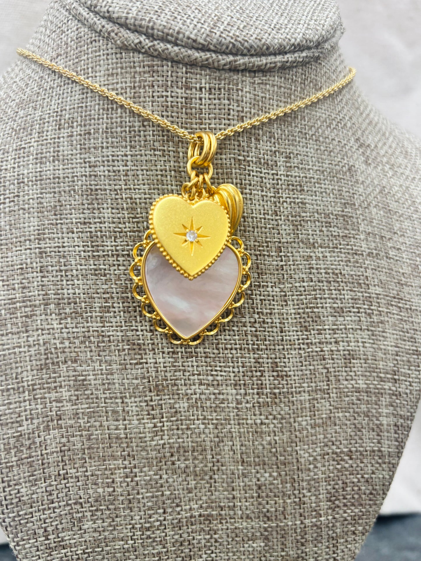 36in Heart Trio Charm Pendant Mother of Pearl Necklace