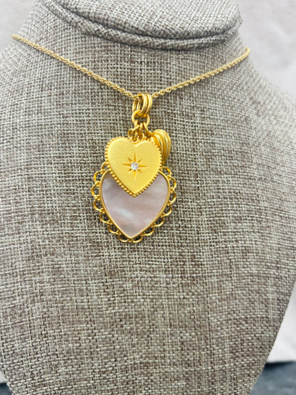 36in Heart Trio Charm Pendant Mother of Pearl Necklace