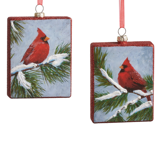 4.25" Cardinal on Pine Square Ornament