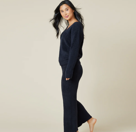 Solid Marshmallow V-Neck Lounge Set - BLK