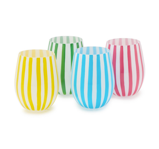 Celebration Stripe Set of 4 Hand-Painted Stemless Wine Glass