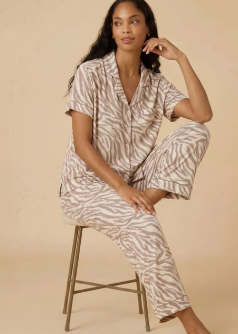 Zebra Almond - Slim Notch Collar Capri PJ Set