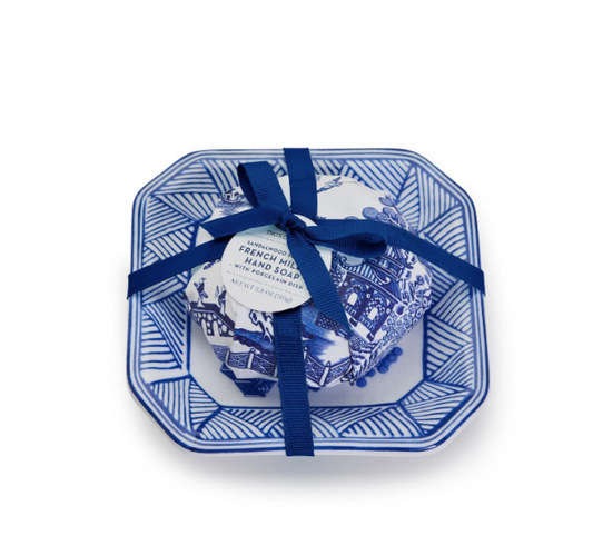 Blue Willow Sandalwood Scented French Milled Soap with Porcelain Tray