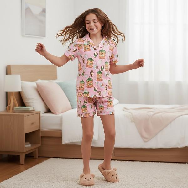 SATIN LOUNGEWEAR SET- BEARISTA & COFFEE PRINT