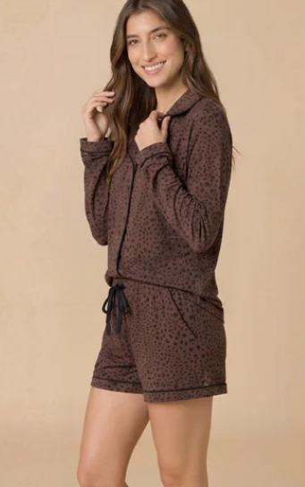Wild Expresso - Slim Notch Collar Long Sleeve Short PJ Set